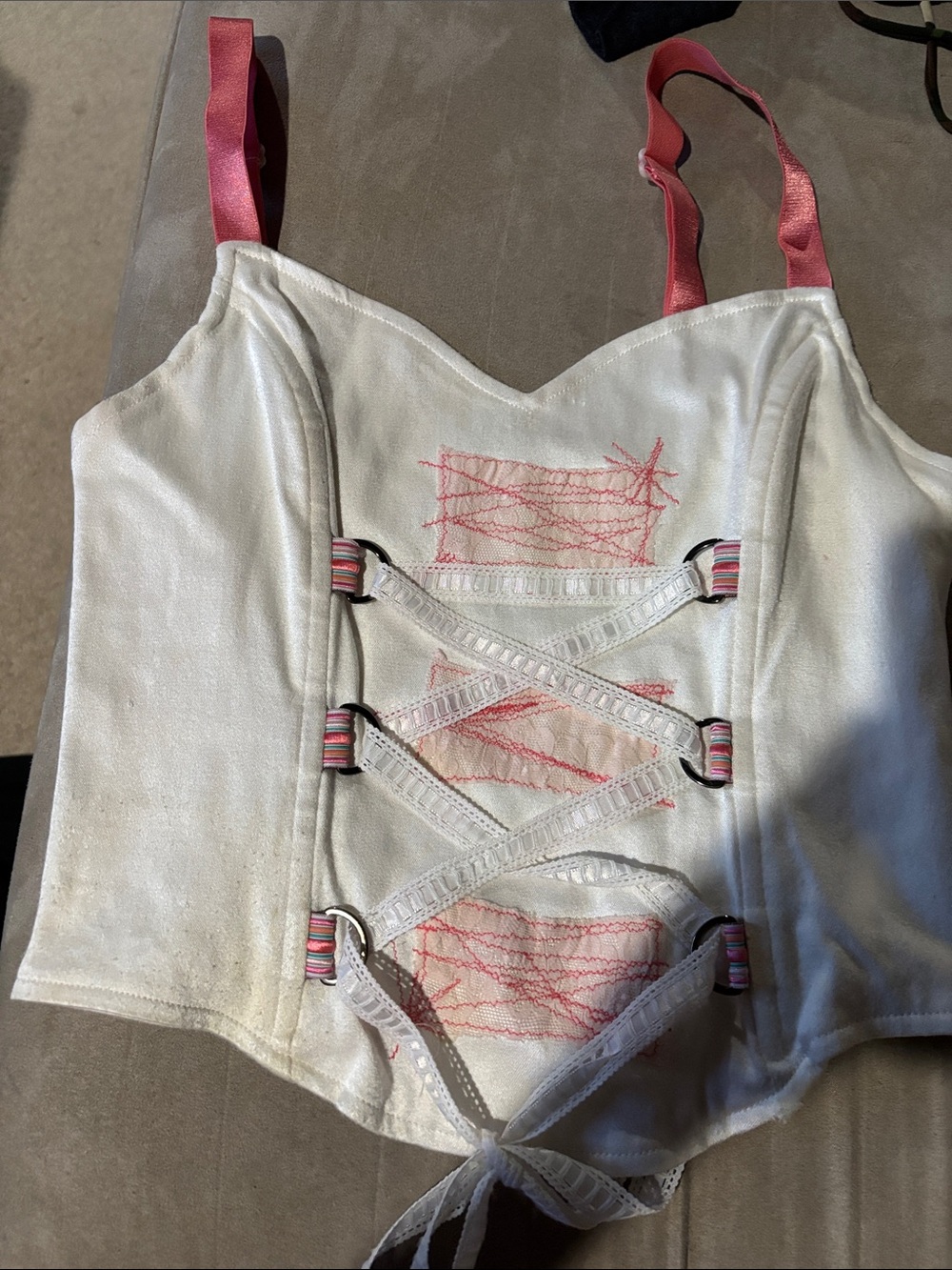 Camilla White Corset-Style Lace-Up Camisole with Pink Accents